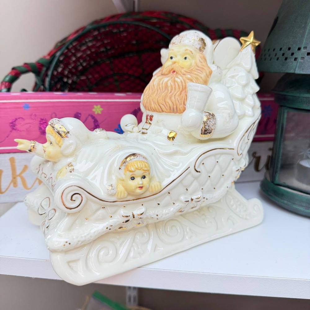 Vintage Ceramic Santa in Sleigh Figurine Cream Gold Accents Holiday Decor